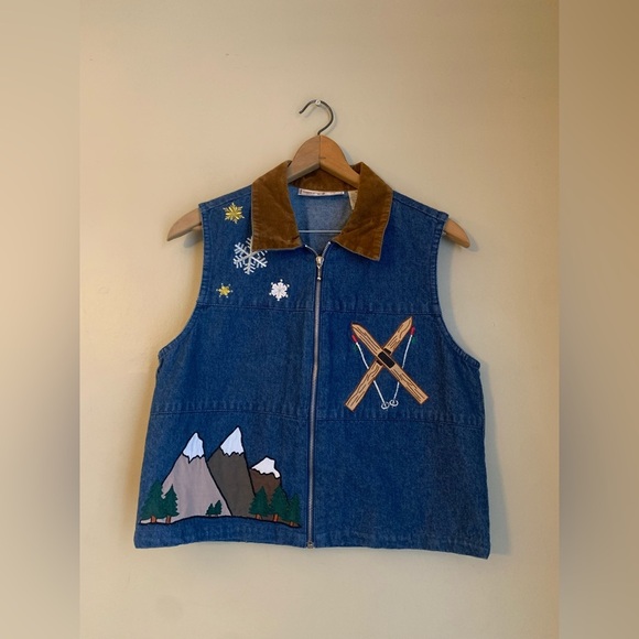 Rhythm blue vintage 80’s denin jean vest, ski snow mountain appliqué gaper day - Picture 1 of 8